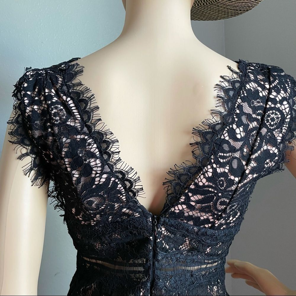 Just Me Sleeveless Plunging Neckline Mini Dress Black Lace Over Nude Size Small - Picture 7 of 14
